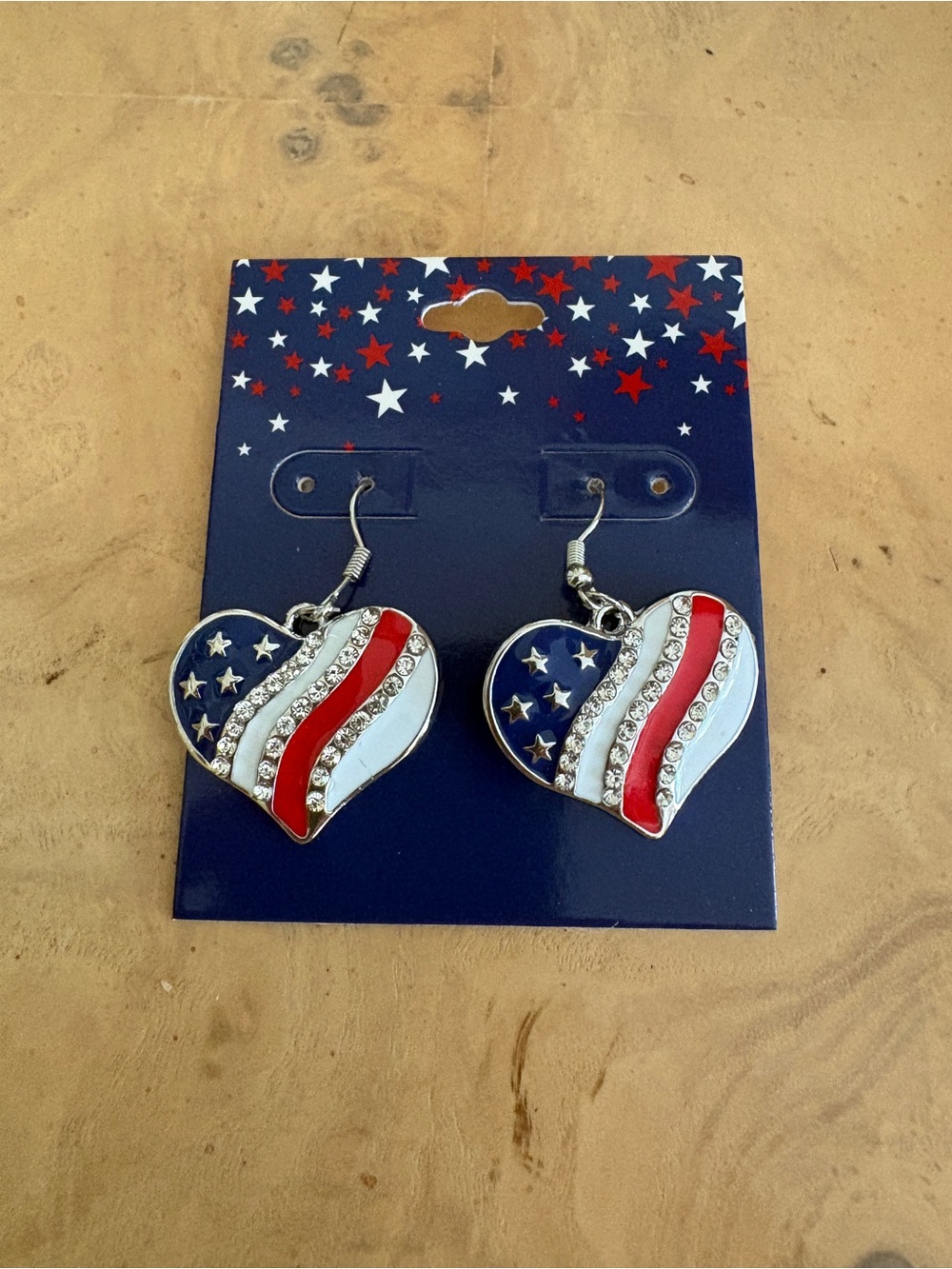 Red, White & Blue Heart Flag Dangle Earrings with Rhinestones